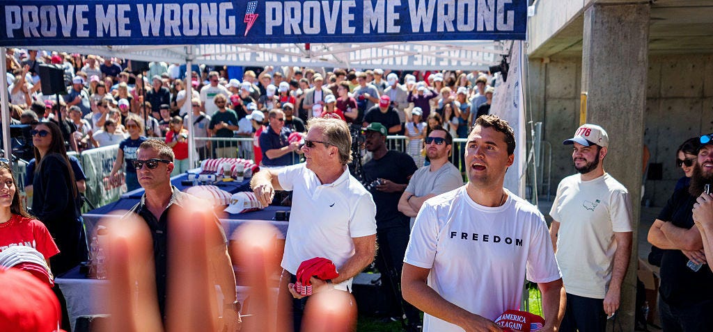 Charlie Kirk at Utah Valley University on September 10, 2025, speaking at his American Comeback Tour when he was shot in the neck and killed.